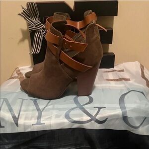 Boots Brown Suede Cutout Heeled Booties with Tan Wrap Straps